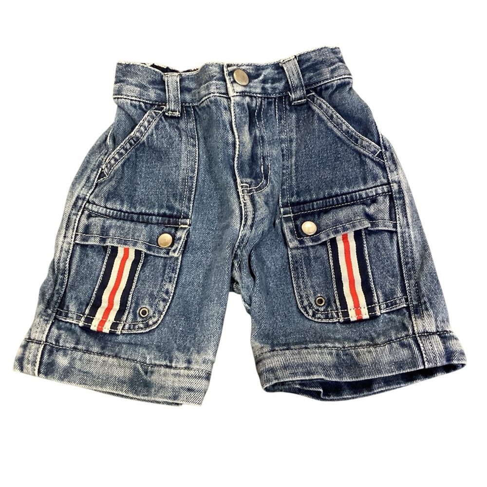 VTG Ready 4 Action R4A Boys 12M Denim Jean Shorts Blue‎ Red White Stripes Cargo